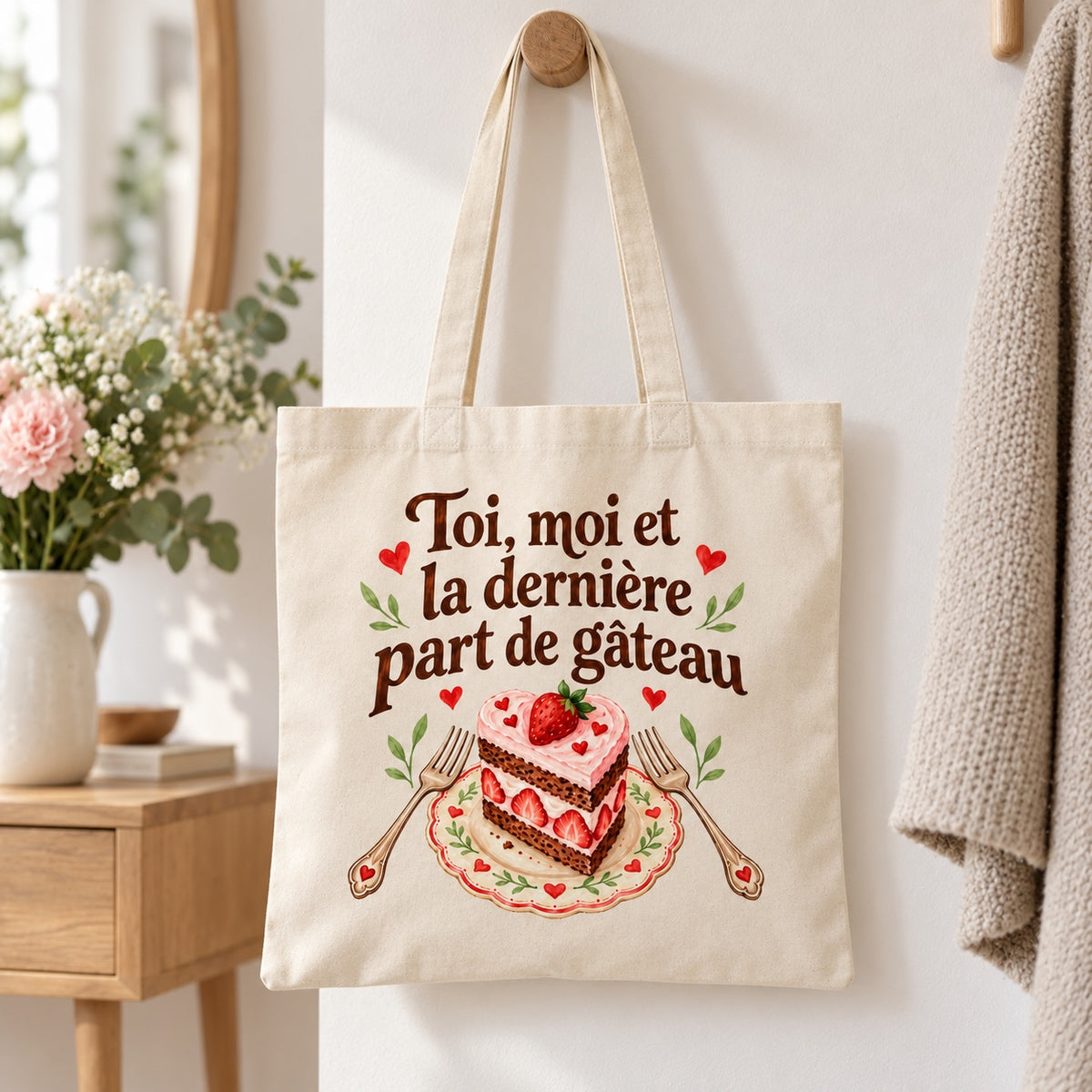 Tote bag « Toi, moi et la dernière part de gâteau » Essentiel suspendu à une patère dans une entrée lumineuse