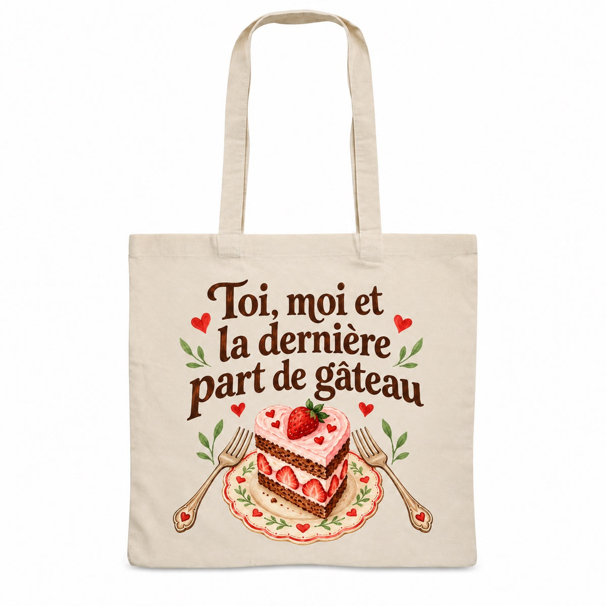 Tote bag « Toi, moi et la dernière part de gâteau » Essentiel, sac plat en coton naturel 140 g/m² de 38 × 42 cm, illustration aquarelle rétro : une part de gâteau aux fraises et deux fourchettes