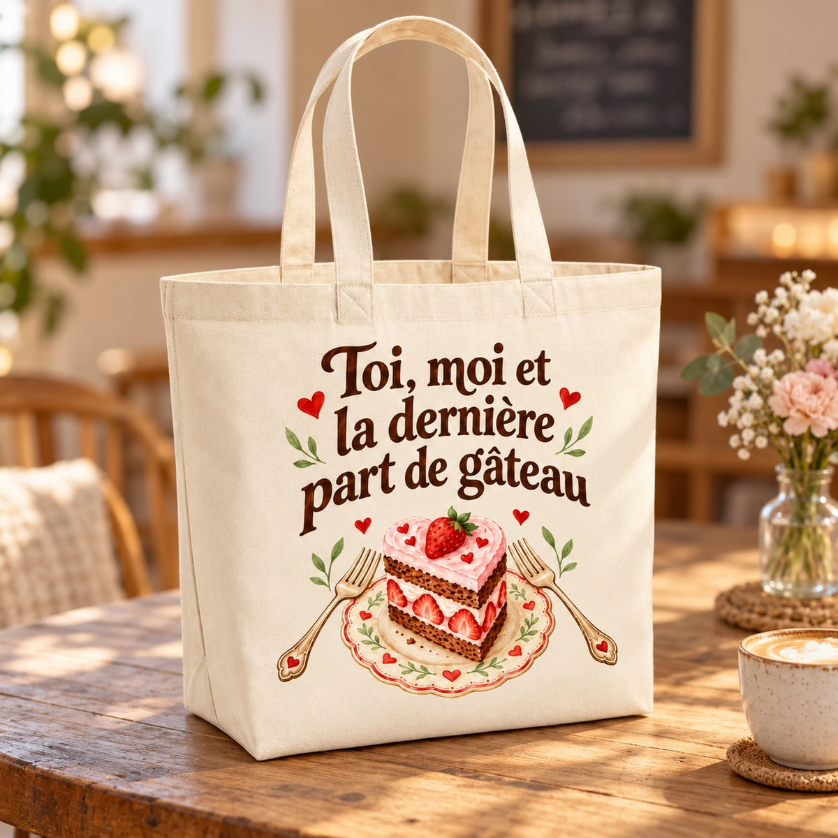 Tote bag « Toi, moi et la dernière part de gâteau » Premium posé sur une table de café