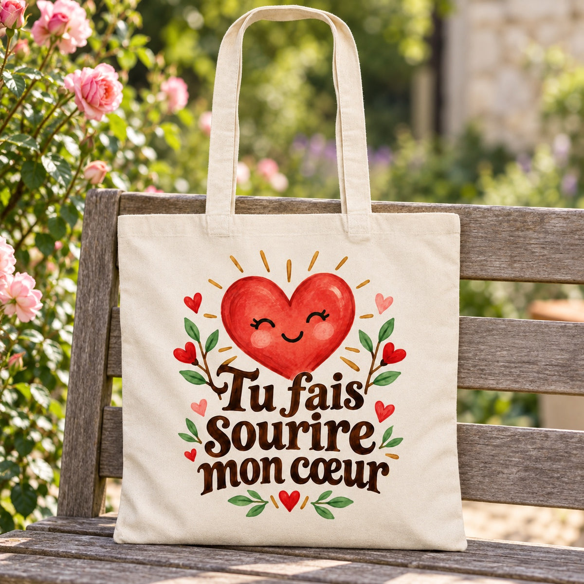 Tote bag « Tu fais sourire mon cœur » Essentiel appuyé contre un banc de jardin près d'un rosier