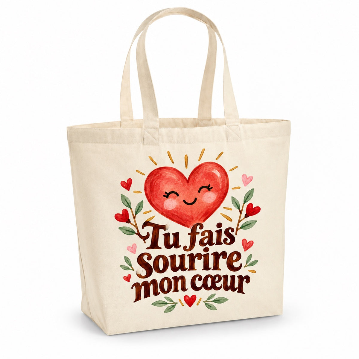 Tote bag « Tu fais sourire mon cœur » Premium, cabas à soufflet en coton naturel 200 g/m² de 18 litres, illustration aquarelle rétro