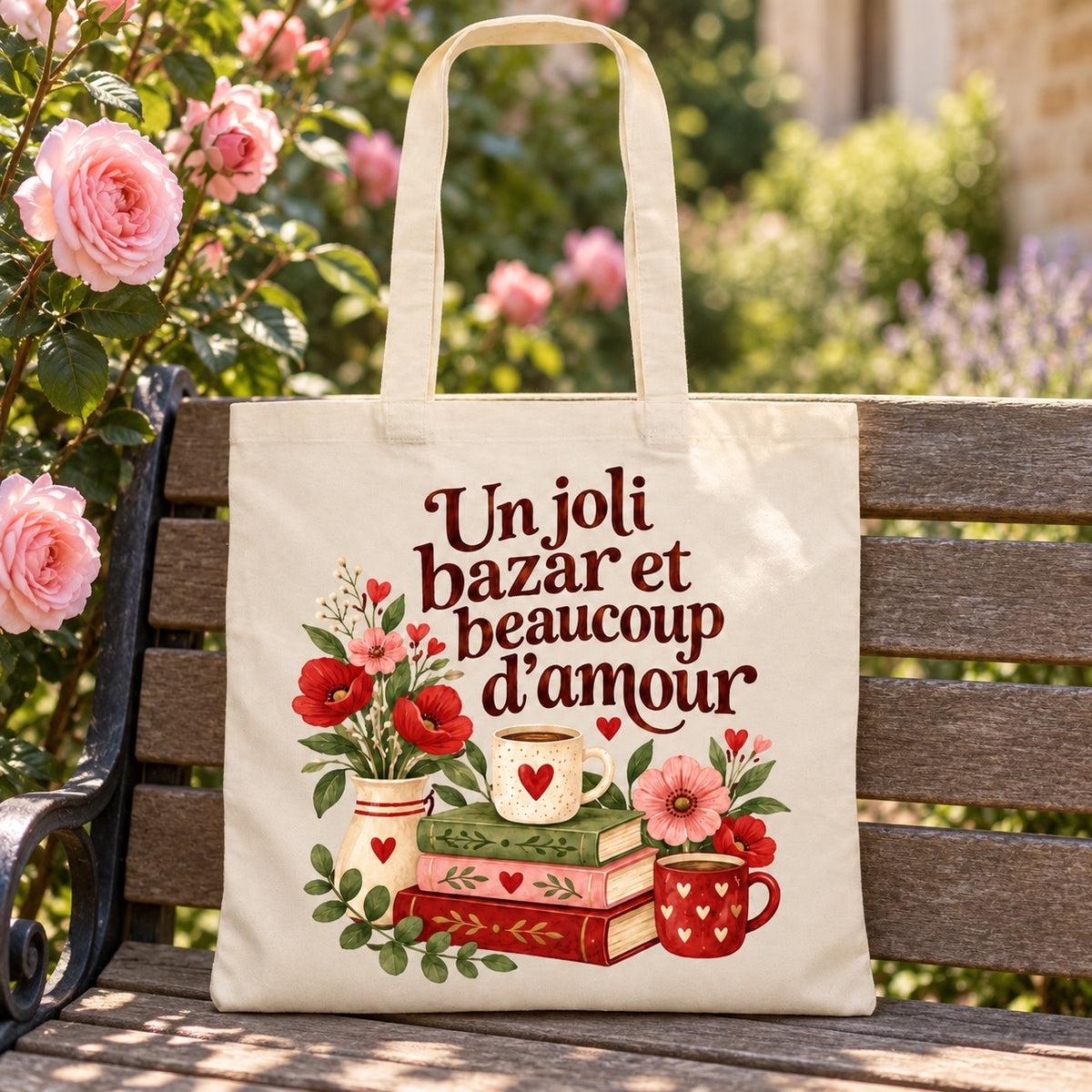 Tote bag « Un joli bazar et beaucoup d’amour » Essentiel appuyé contre un banc de jardin près d'un rosier
