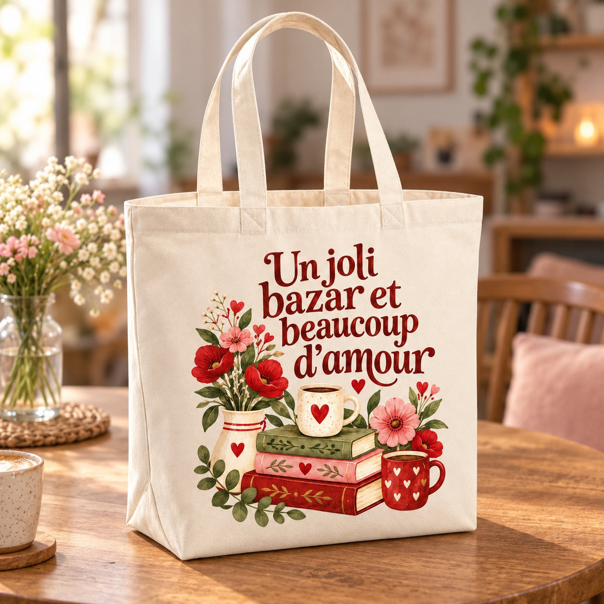Tote bag « Un joli bazar et beaucoup d’amour » Premium posé sur une table de café