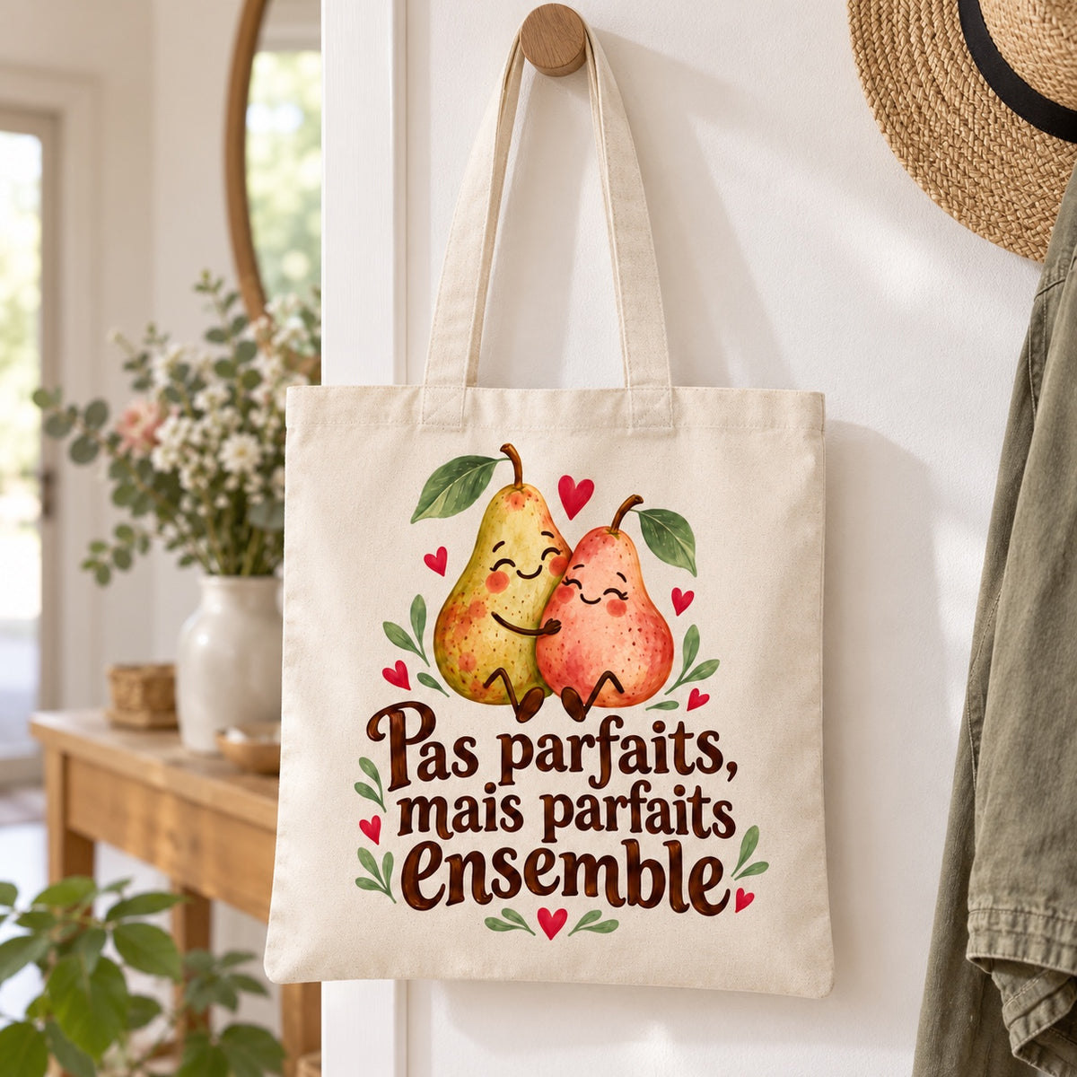 Tote bag « Pas parfaits, mais parfaits ensemble » Essentiel suspendu à une patère dans une entrée lumineuse