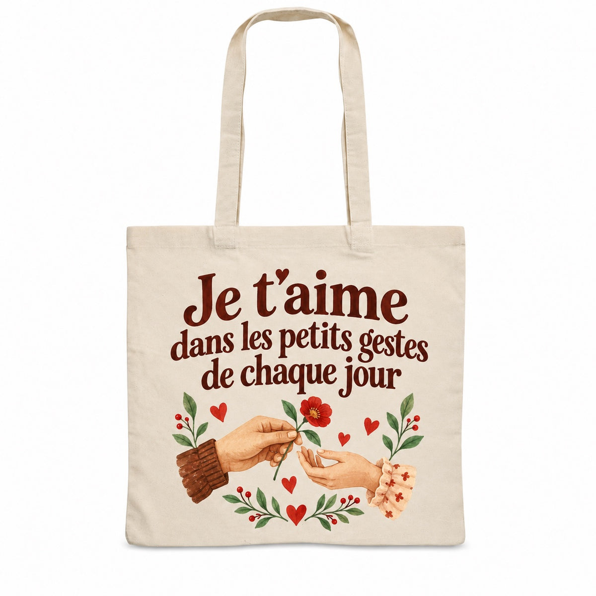Tote bag « Je t’aime dans les petits gestes de chaque jour » Essentiel, sac plat en coton naturel 140 g/m² de 38 × 42 cm, illustration aquarelle rétro : deux mains offrant une fleur