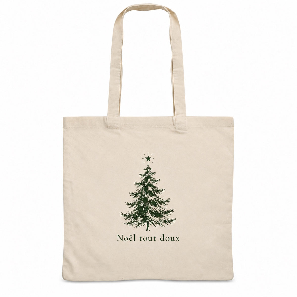 Tote bag de Noël « Noël tout doux » Essentiel, sac plat en coton naturel 140 g/m² de 38 × 42 cm, dessin minimaliste au trait : un petit sapin à l'encre, en vert sapin