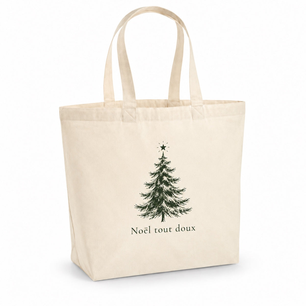 Tote bag de Noël « Noël tout doux » Premium, cabas à soufflet en coton naturel 200 g/m² de 18 litres, dessin minimaliste au trait en vert sapin