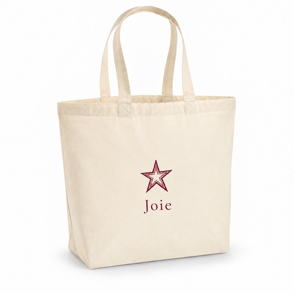 Tote bag de Noël « Joie » Premium, cabas à soufflet en coton naturel 200 g/m² de 18 litres, dessin minimaliste au trait en bordeaux
