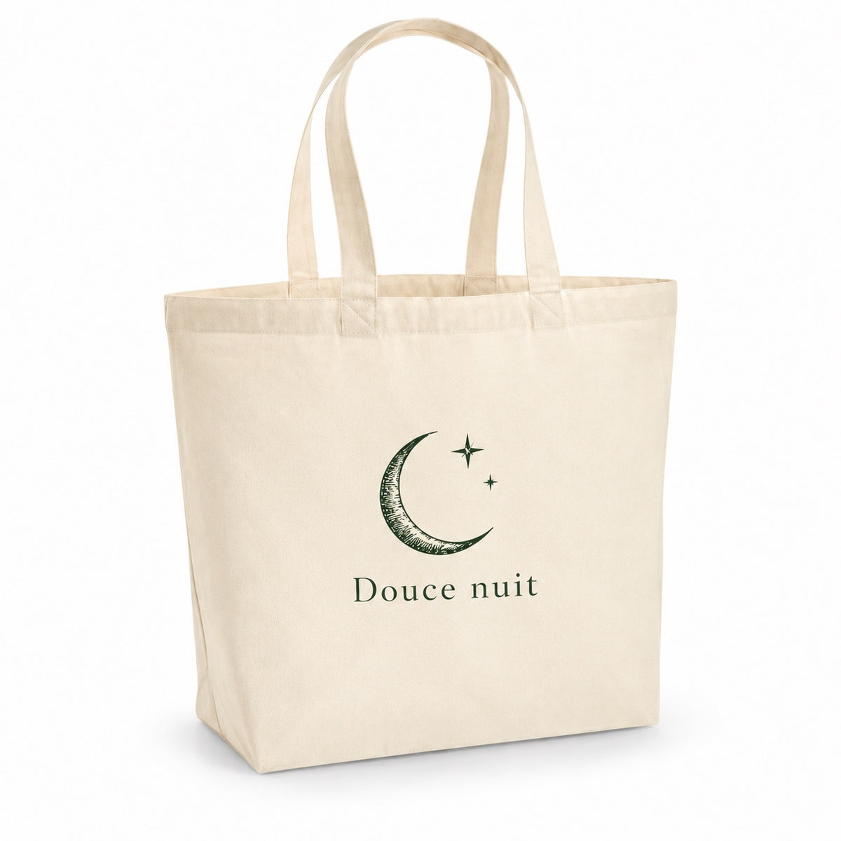 Tote bag de Noël « Douce nuit » Premium, cabas à soufflet en coton naturel 200 g/m² de 18 litres, dessin minimaliste au trait en vert sapin