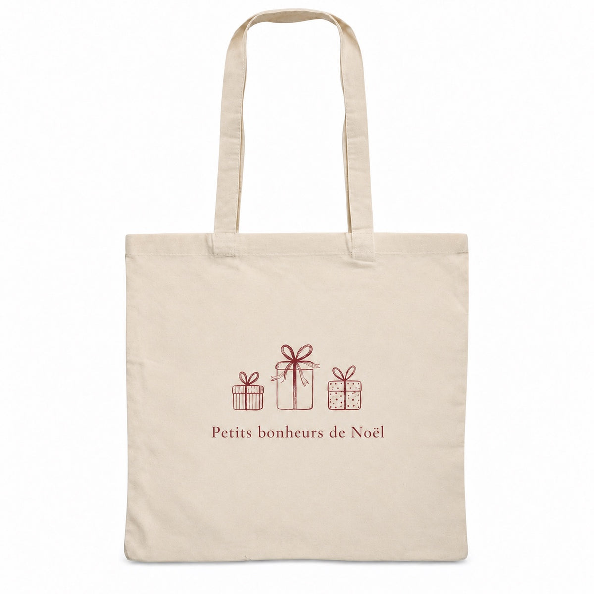 Tote bag de Noël « Petits bonheurs de Noël » Essentiel, sac plat en coton naturel 140 g/m² de 38 × 42 cm, dessin minimaliste au trait : trois petits cadeaux, en bordeaux