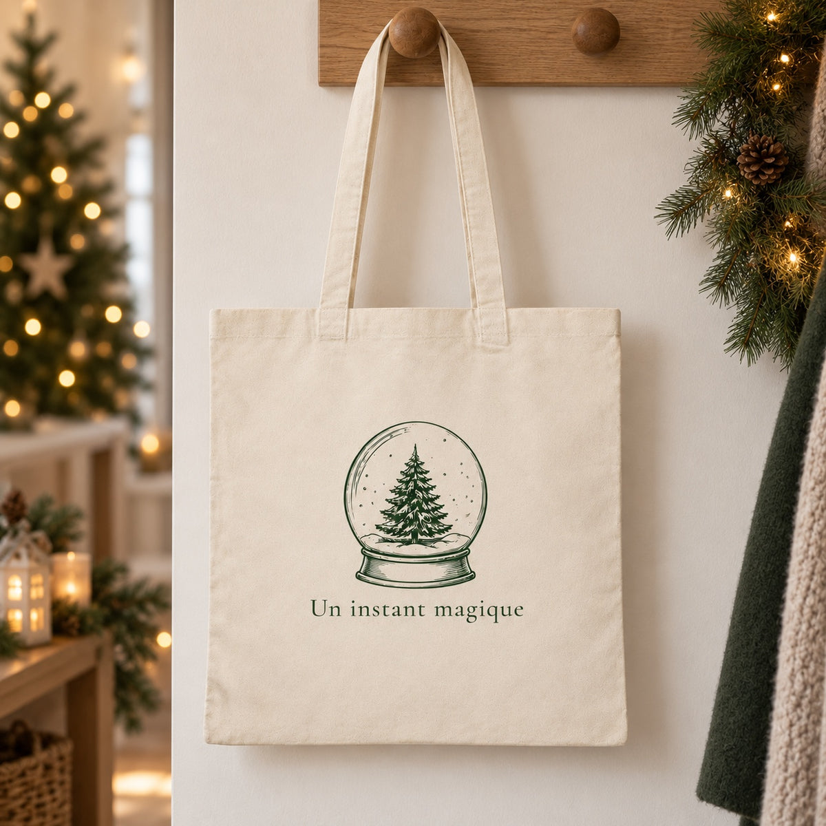 Tote bag de Noël « Un instant magique » Essentiel suspendu à une patère dans une entrée décorée pour Noël