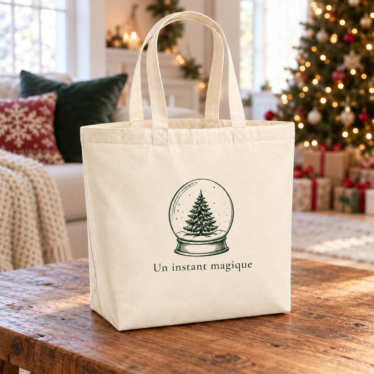 Tote bag de Noël « Un instant magique » Premium posé sur une table de salon devant le sapin