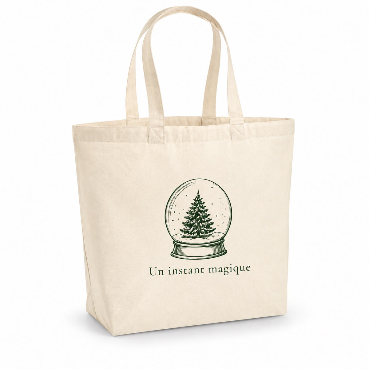 Tote bag de Noël « Un instant magique » Premium, cabas à soufflet en coton naturel 200 g/m² de 18 litres, dessin minimaliste au trait en vert sapin