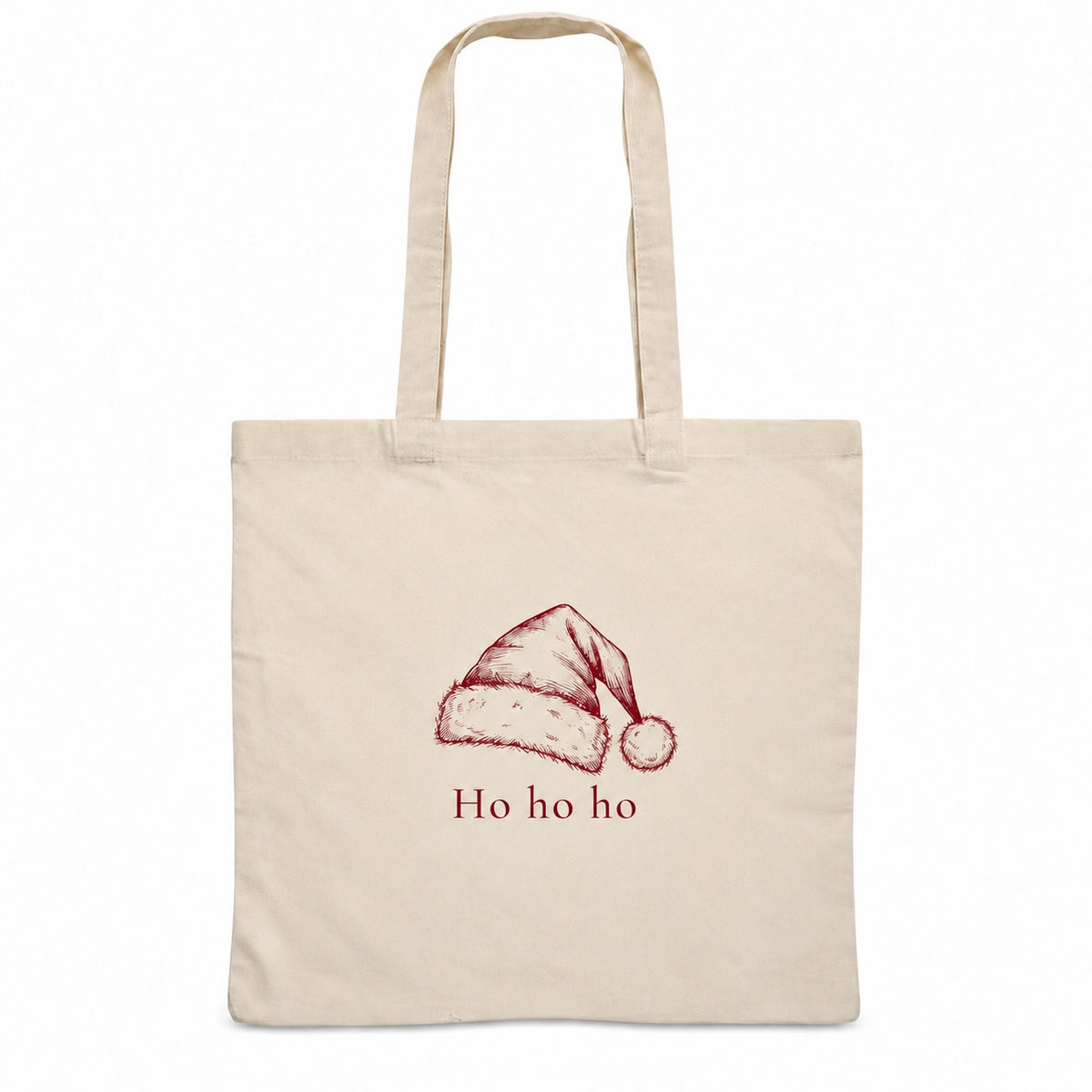 Tote bag de Noël « Ho ho ho » Essentiel, sac plat en coton naturel 140 g/m² de 38 × 42 cm, dessin minimaliste au trait : un bonnet de Père Noël, en bordeaux