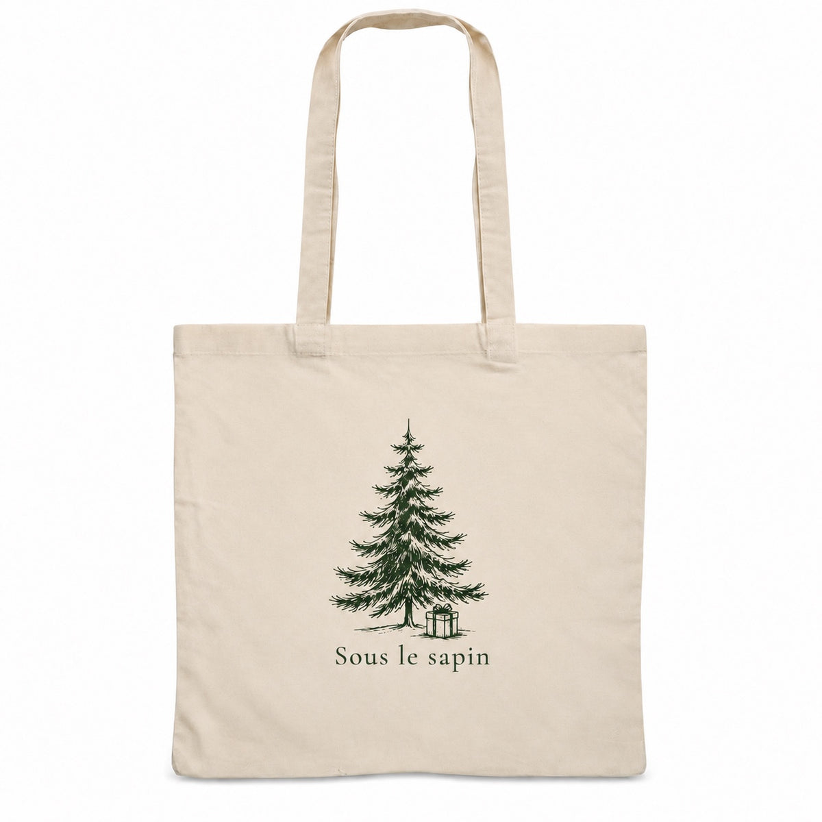 Tote bag de Noël « Sous le sapin » Essentiel, sac plat en coton naturel 140 g/m² de 38 × 42 cm, dessin minimaliste au trait : un sapin et son petit cadeau, en vert sapin