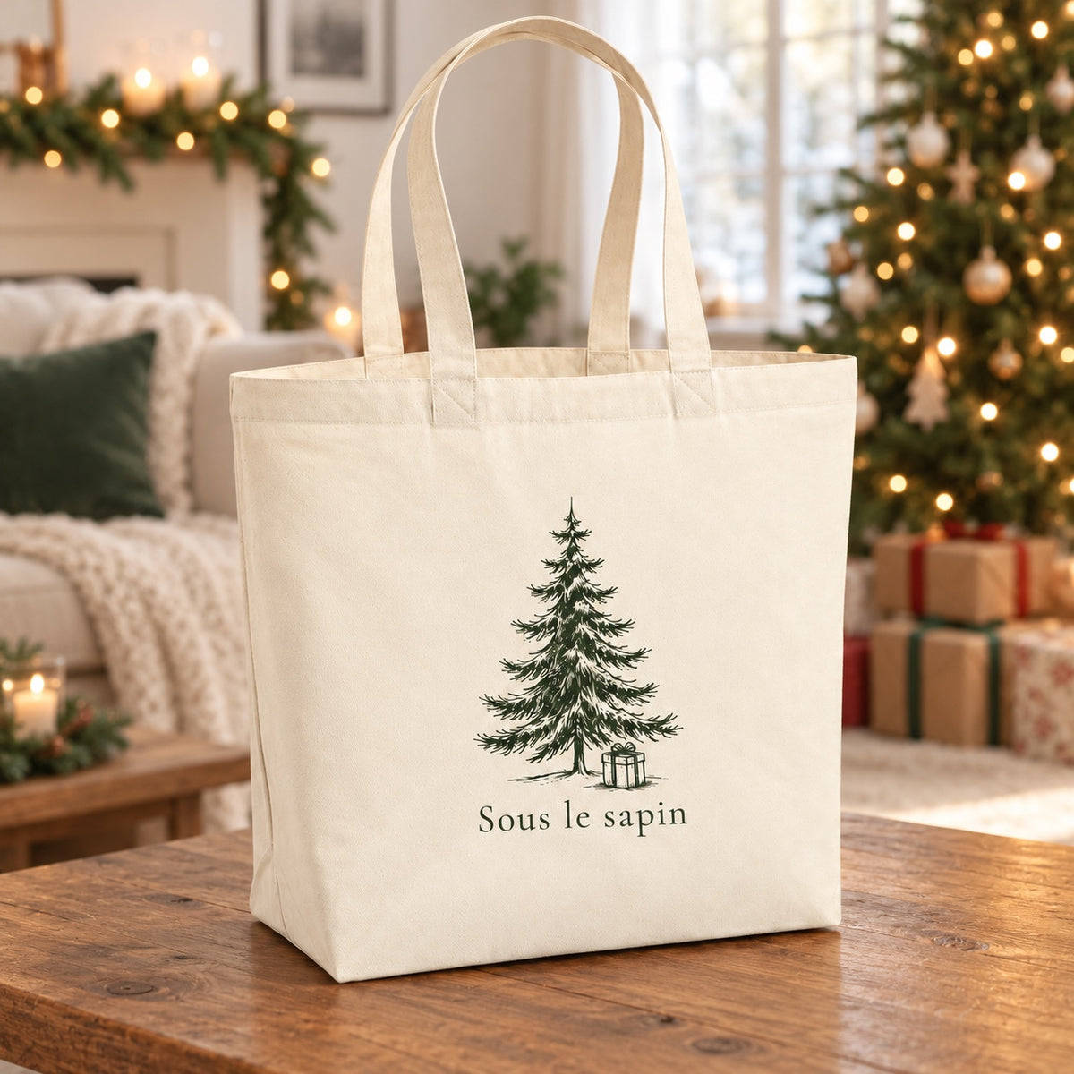 Tote bag de Noël « Sous le sapin » Premium posé sur une table de salon devant le sapin