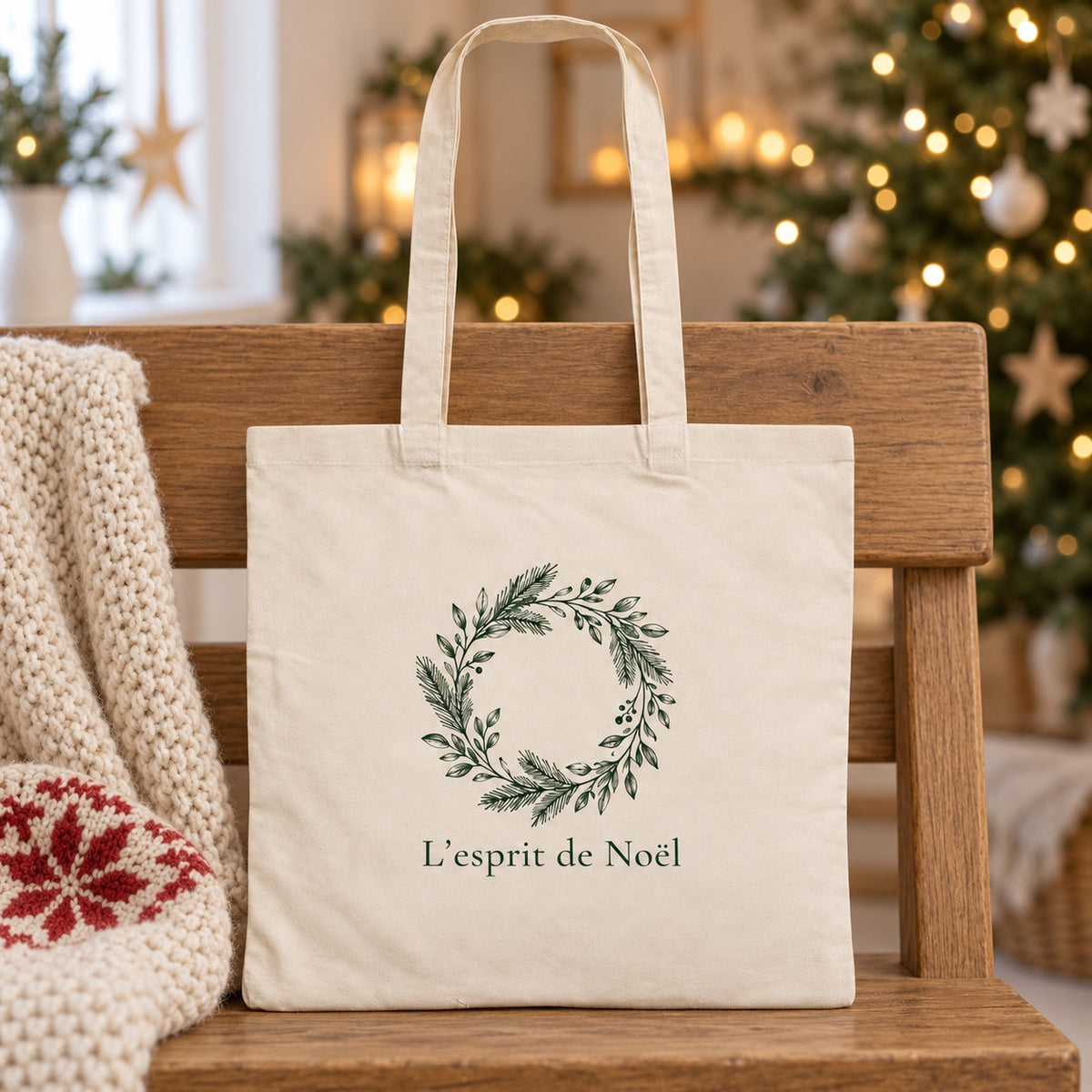 Tote bag de Noël « L’esprit de Noël » Essentiel appuyé contre un banc près d'un plaid de Noël