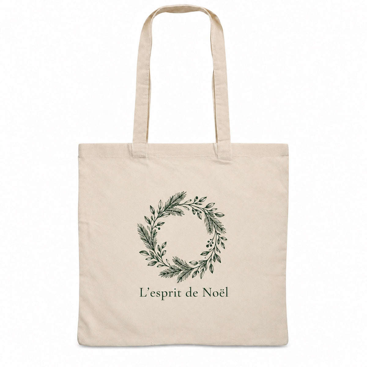 Tote bag de Noël « L’esprit de Noël » Essentiel, sac plat en coton naturel 140 g/m² de 38 × 42 cm, dessin minimaliste au trait : une couronne de feuillage, en vert sapin