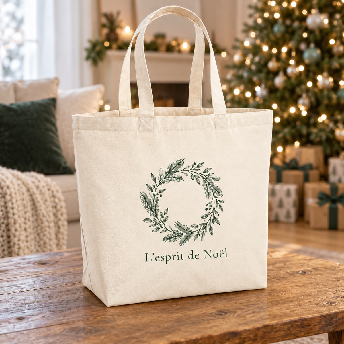 Tote bag de Noël « L’esprit de Noël » Premium posé sur une table de salon devant le sapin