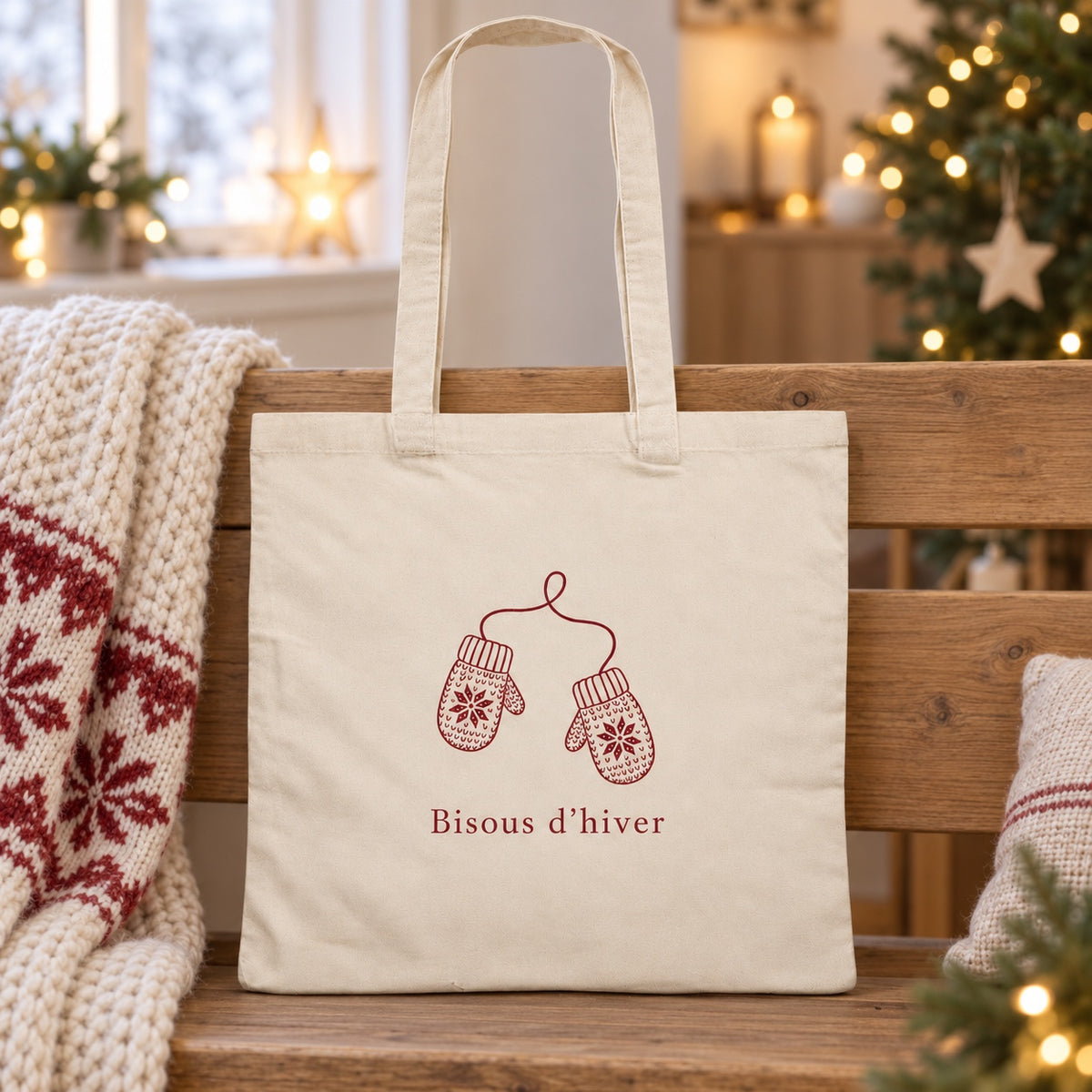 Tote bag de Noël « Bisous d’hiver » Essentiel appuyé contre un banc près d'un plaid de Noël