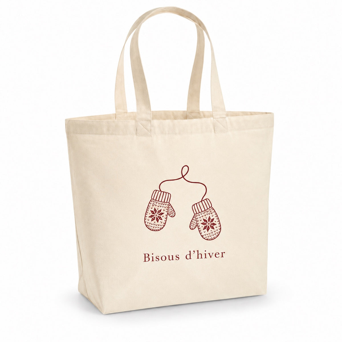 Tote bag de Noël « Bisous d’hiver » Premium, cabas à soufflet en coton naturel 200 g/m² de 18 litres, dessin minimaliste au trait en bordeaux