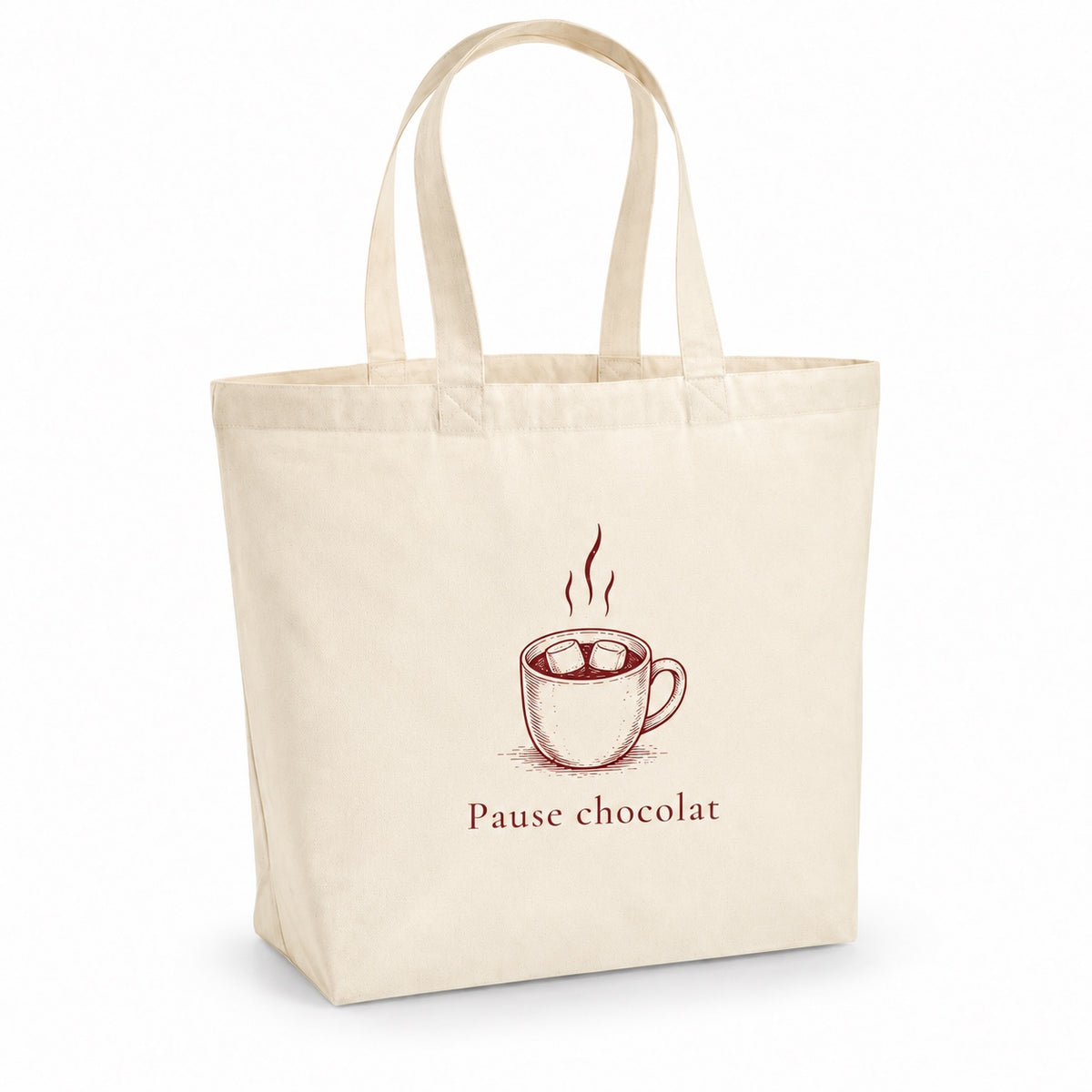 Tote bag de Noël « Pause chocolat » Premium, cabas à soufflet en coton naturel 200 g/m² de 18 litres, dessin minimaliste au trait en bordeaux