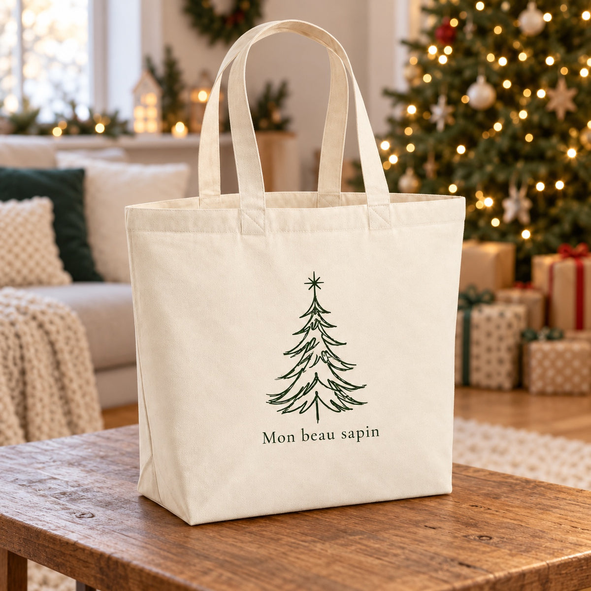Tote bag de Noël « Mon beau sapin » Premium posé sur une table de salon devant le sapin