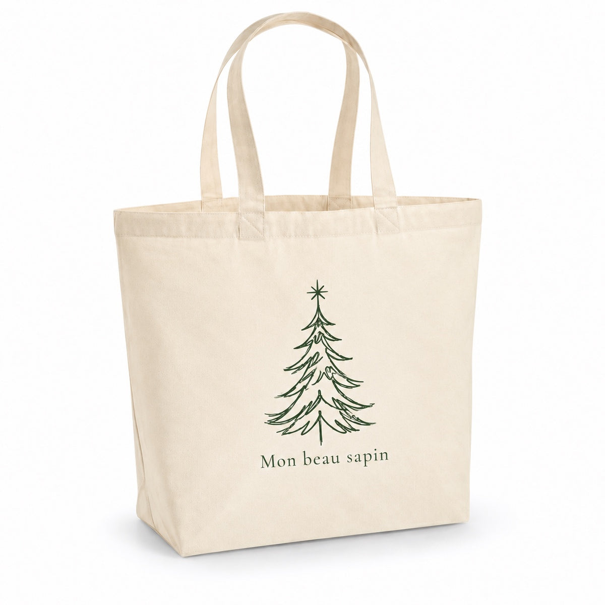 Tote bag de Noël « Mon beau sapin » Premium, cabas à soufflet en coton naturel 200 g/m² de 18 litres, dessin minimaliste au trait en vert sapin