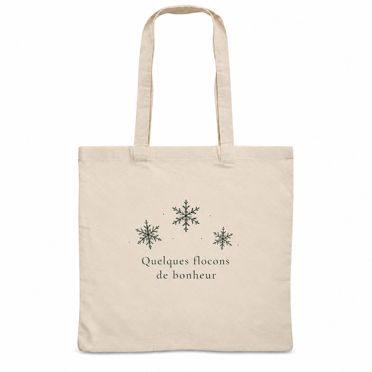 Tote bag de Noël « Quelques flocons de bonheur » Essentiel, sac plat en coton naturel 140 g/m² de 38 × 42 cm, dessin minimaliste au trait : trois flocons délicats, en vert sapin
