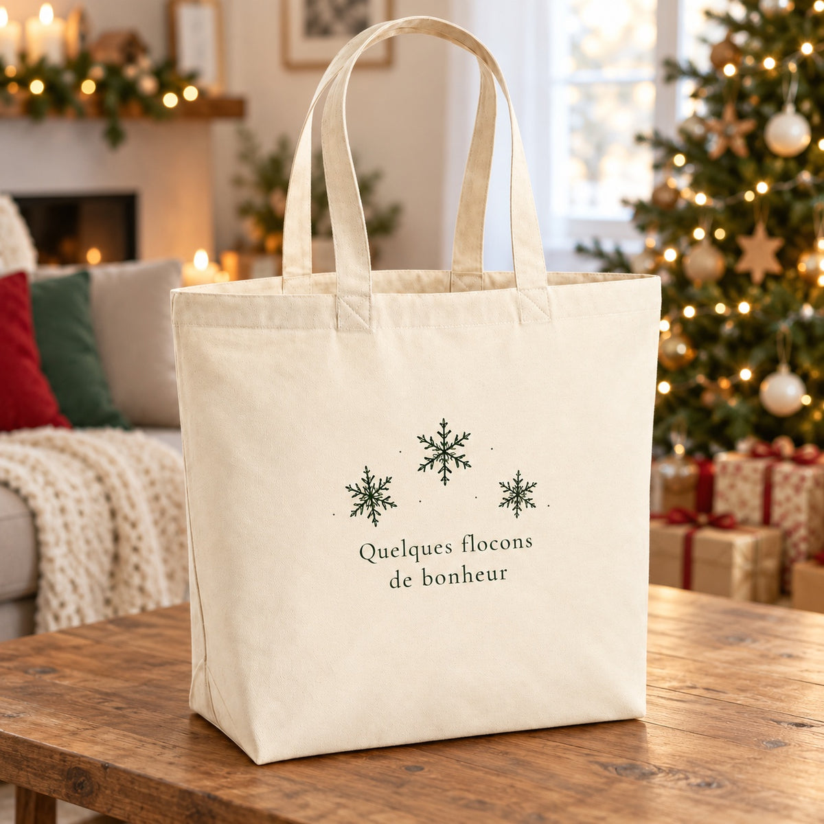 Tote bag de Noël « Quelques flocons de bonheur » Premium posé sur une table de salon devant le sapin