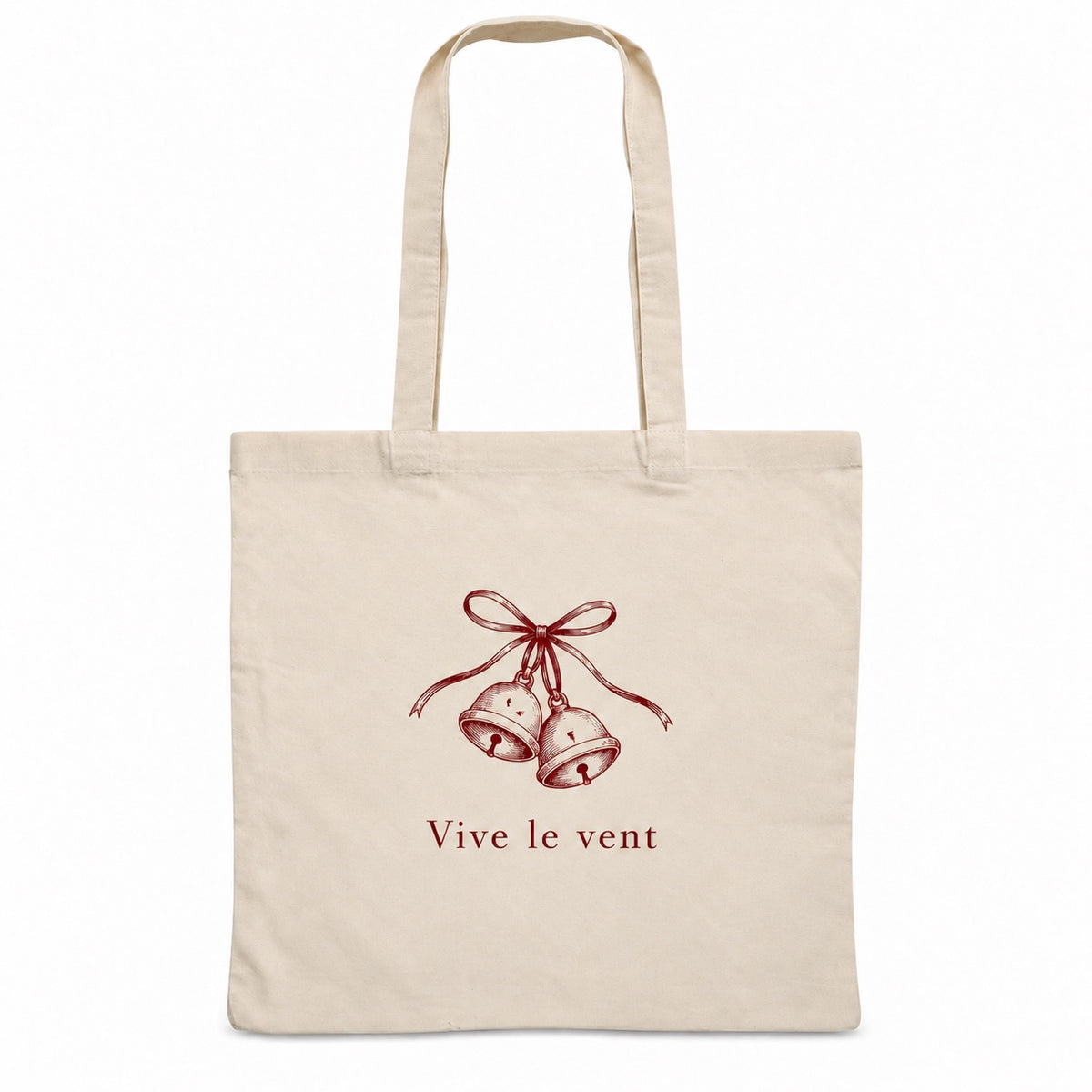 Tote bag de Noël « Vive le vent » Essentiel, sac plat en coton naturel 140 g/m² de 38 × 42 cm, dessin minimaliste au trait : deux clochettes et un ruban, en bordeaux
