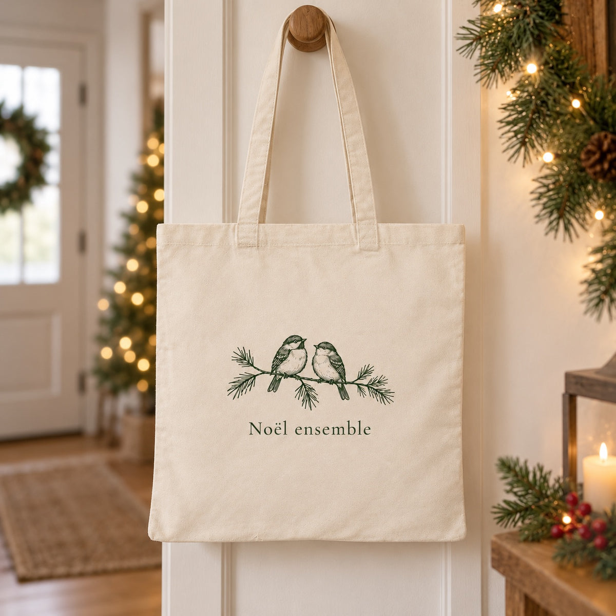 Tote bag de Noël « Noël ensemble » Essentiel suspendu à une patère dans une entrée décorée pour Noël