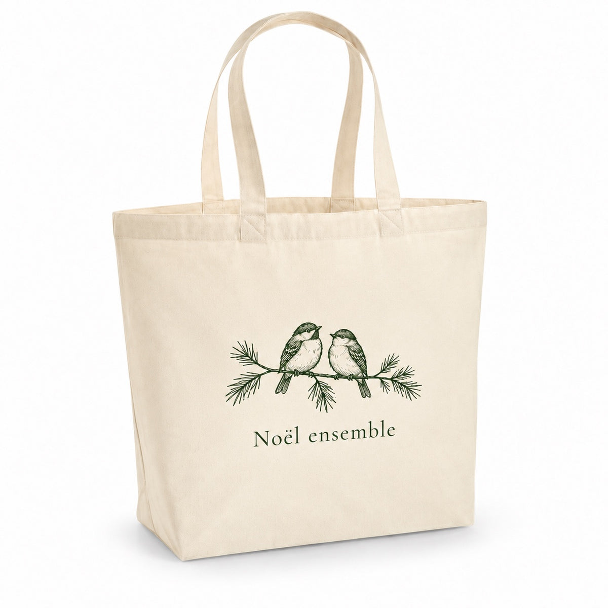 Tote bag de Noël « Noël ensemble » Premium, cabas à soufflet en coton naturel 200 g/m² de 18 litres, dessin minimaliste au trait en vert sapin