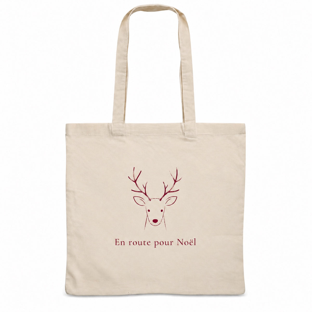 Tote bag de Noël « En route pour Noël » Essentiel, sac plat en coton naturel 140 g/m² de 38 × 42 cm, dessin minimaliste au trait : une tête de renne stylisée, en bordeaux
