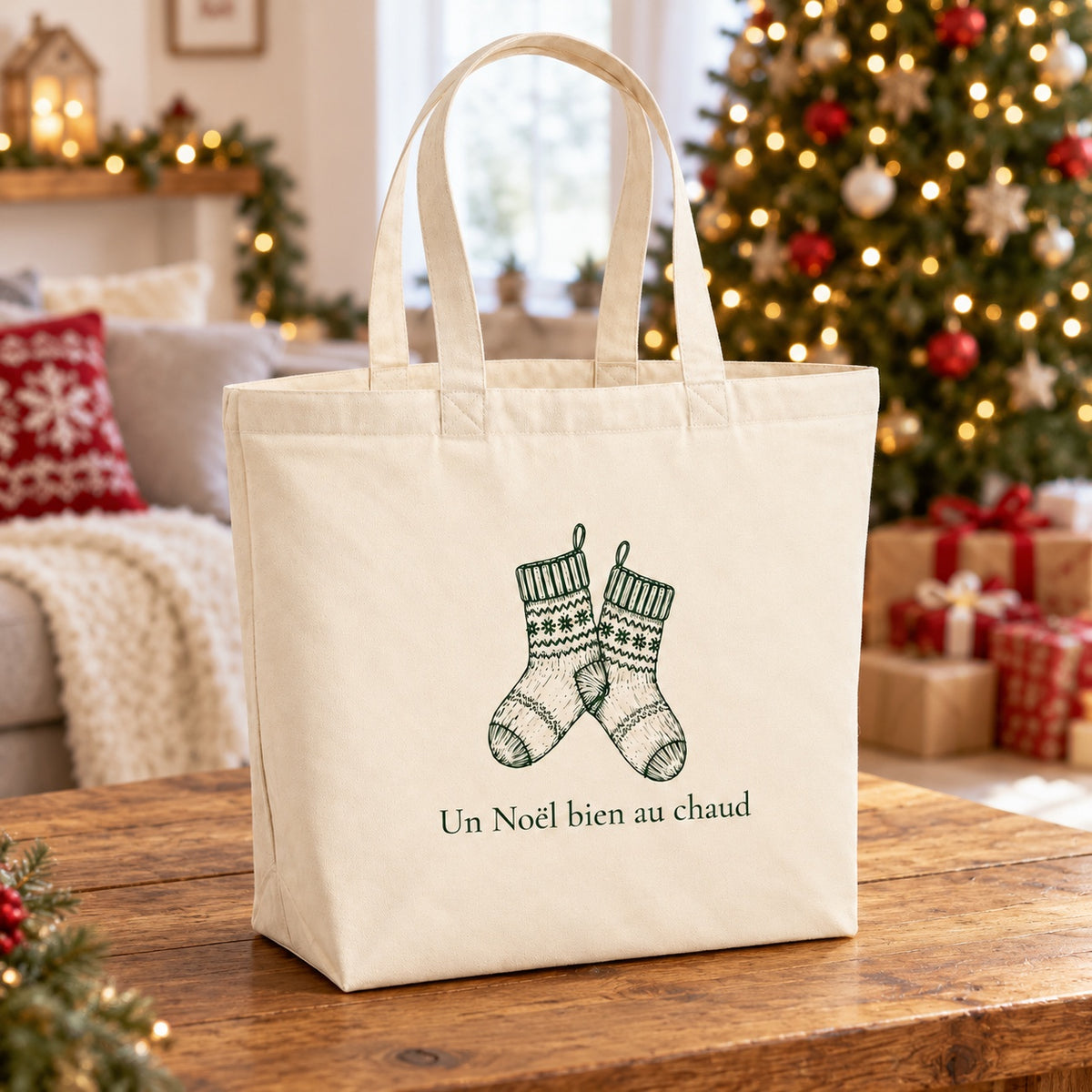 Tote bag de Noël « Un Noël bien au chaud » Premium posé sur une table de salon devant le sapin