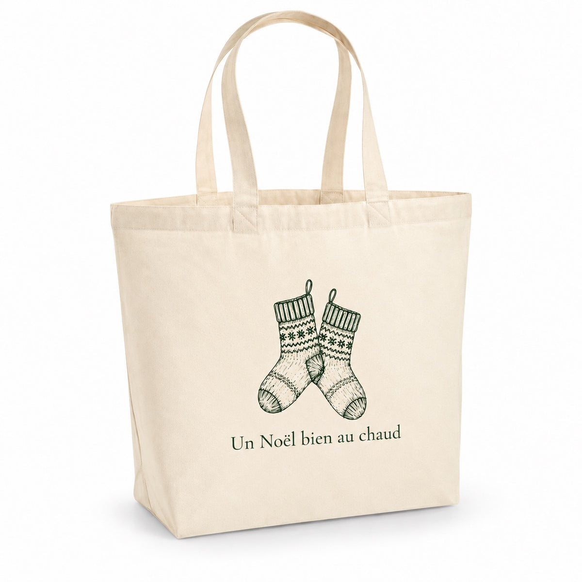 Tote bag de Noël « Un Noël bien au chaud » Premium, cabas à soufflet en coton naturel 200 g/m² de 18 litres, dessin minimaliste au trait en vert sapin
