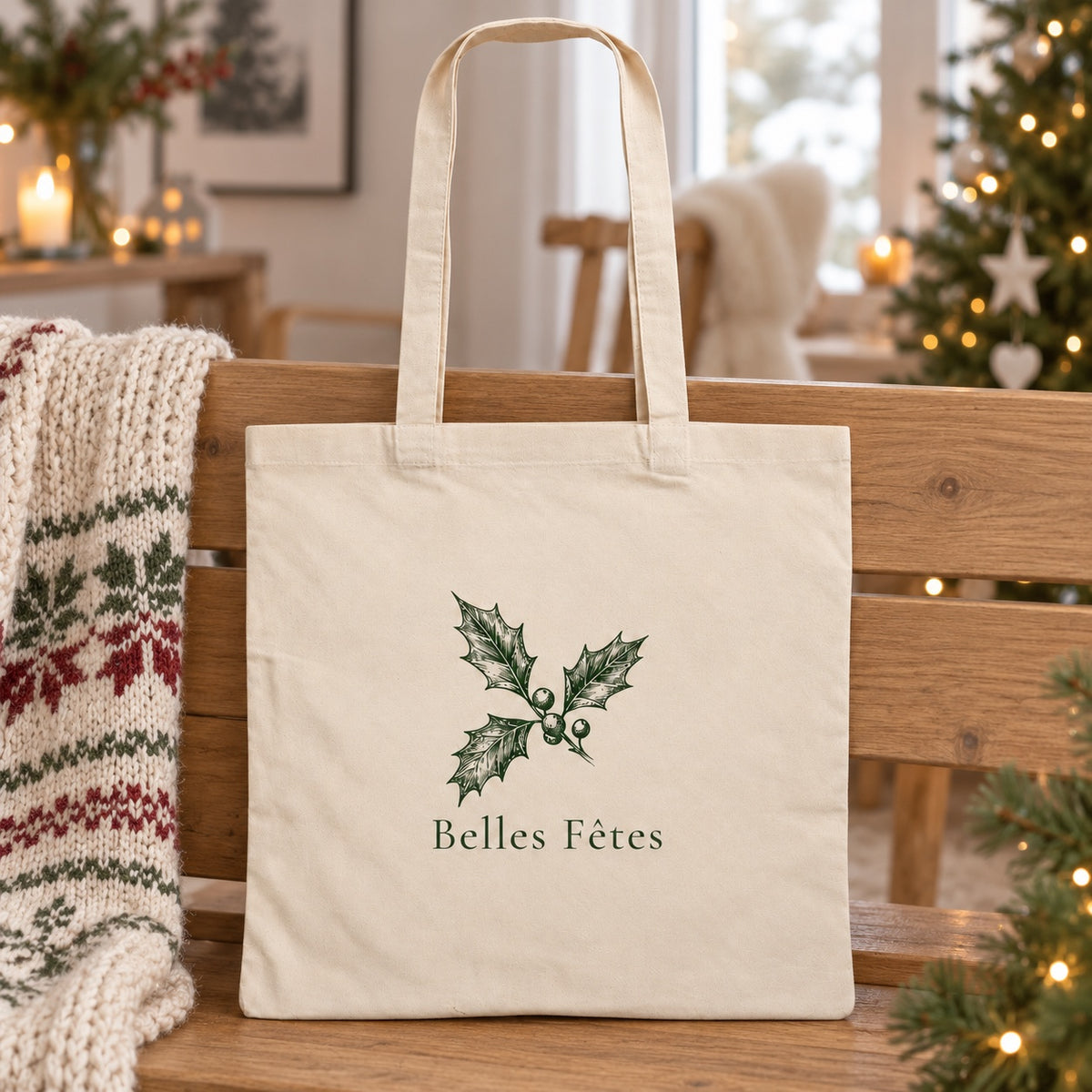 Tote bag de Noël « Belles Fêtes » Essentiel appuyé contre un banc près d'un plaid de Noël