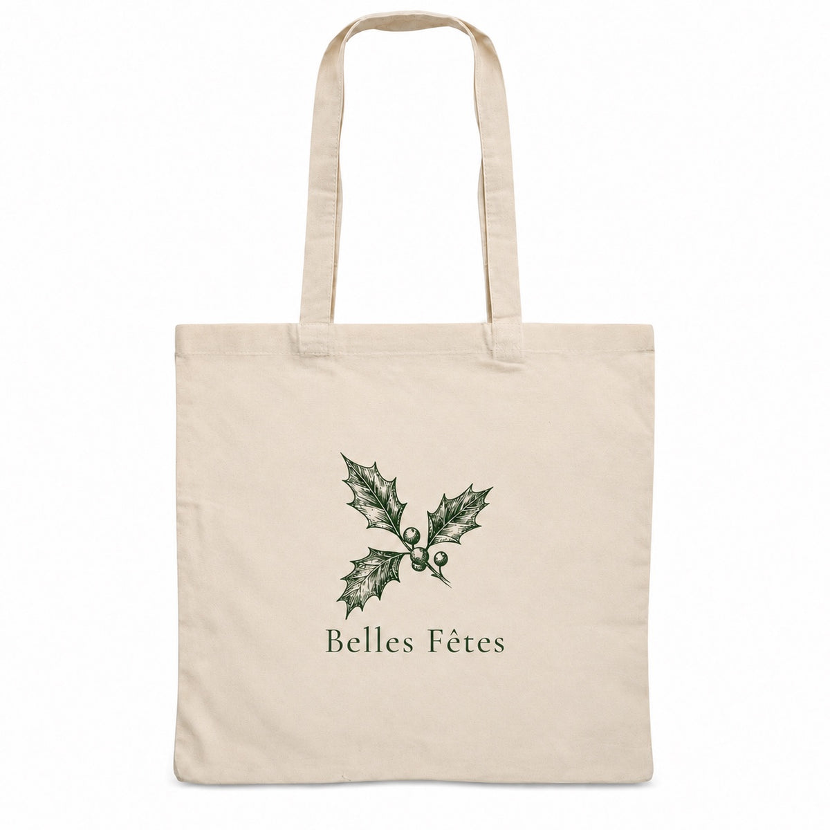Tote bag de Noël « Belles Fêtes » Essentiel, sac plat en coton naturel 140 g/m² de 38 × 42 cm, dessin minimaliste au trait : une branche de houx, en vert sapin
