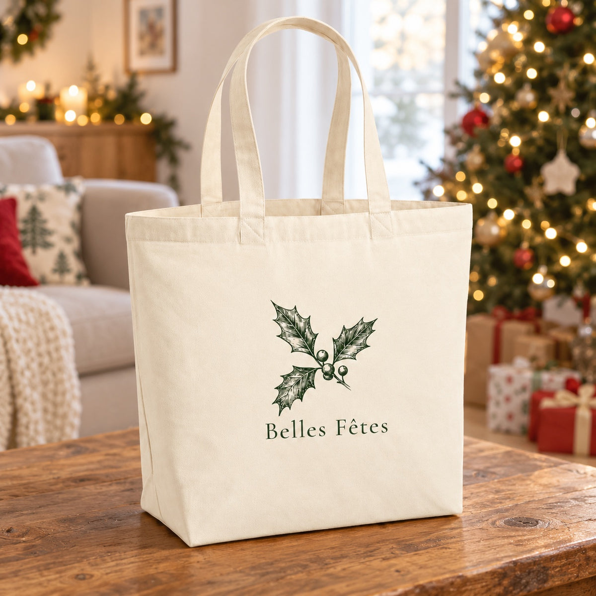 Tote bag de Noël « Belles Fêtes » Premium posé sur une table de salon devant le sapin