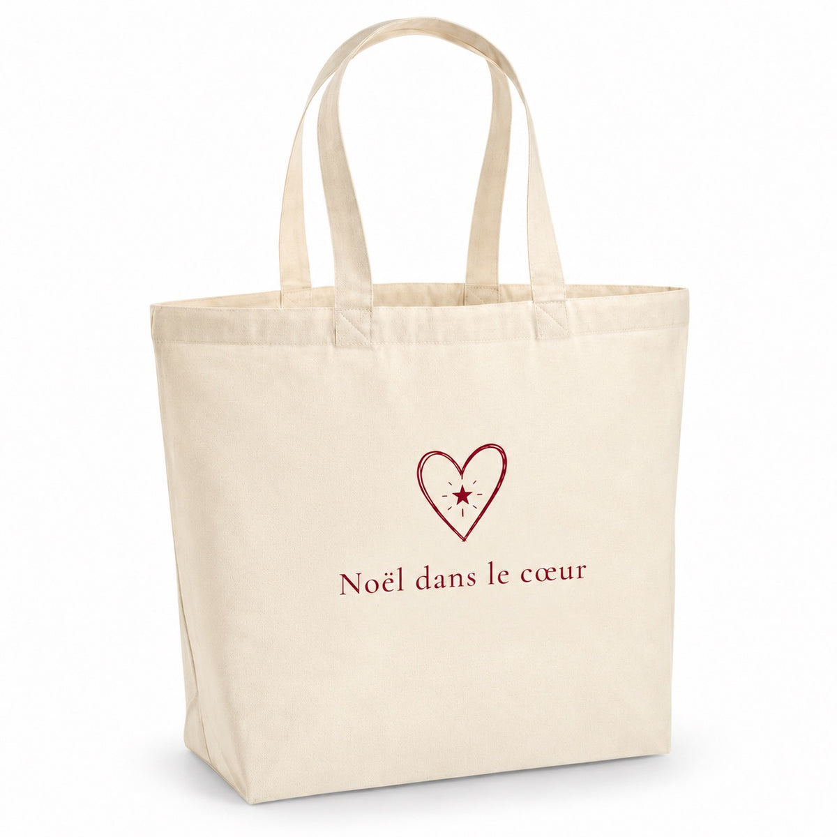 Tote bag de Noël « Noël dans le cœur » Premium, cabas à soufflet en coton naturel 200 g/m² de 18 litres, dessin minimaliste au trait en bordeaux