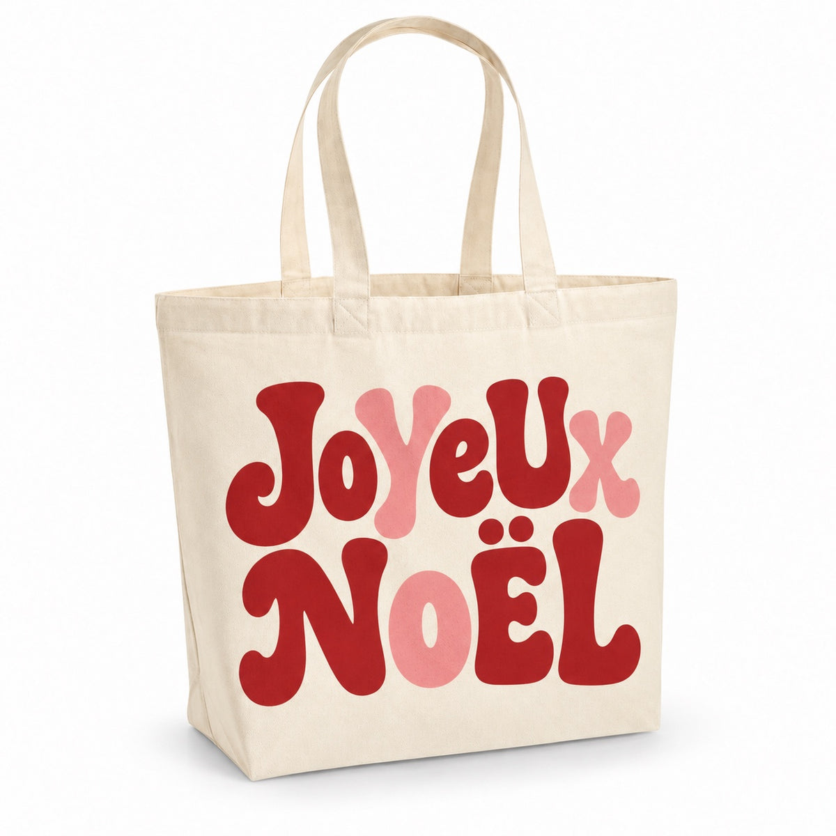 Tote bag de Noël « Joyeux Noël » Premium, cabas à soufflet en coton naturel 200 g/m² de 18 litres, grand lettrage rétro en rouge bordeaux et rose poudré