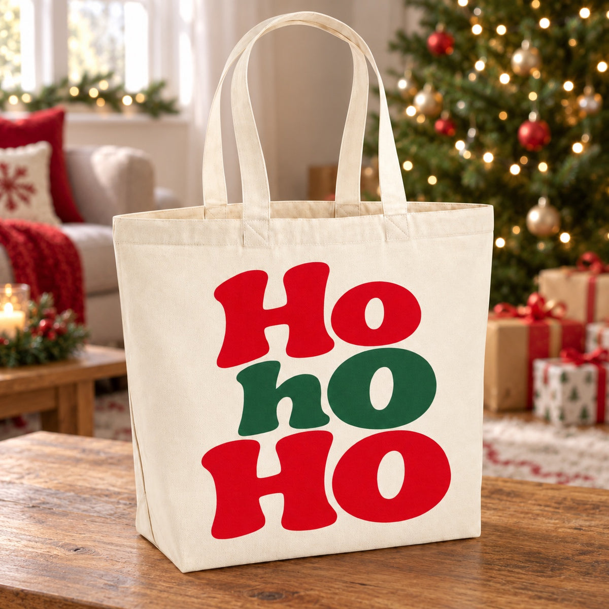 Tote bag de Noël « Ho ho ho » Premium posé sur une table de salon devant le sapin
