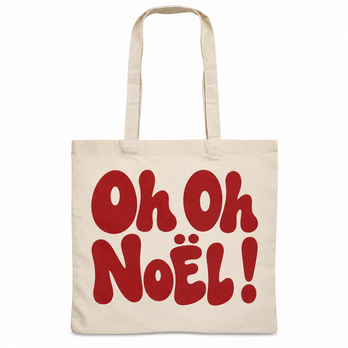 Tote bag de Noël « Oh oh Noël ! » Essentiel, sac plat en coton naturel 140 g/m² de 38 × 42 cm, grand lettrage rétro en bordeaux