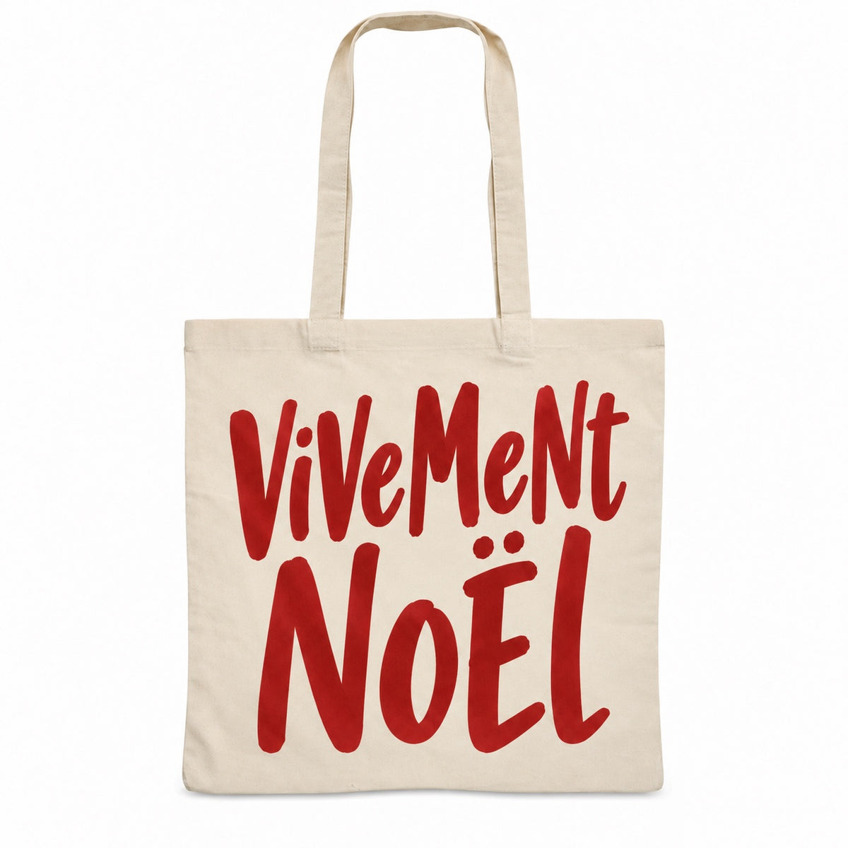 Tote bag de Noël « Vivement Noël » Essentiel, sac plat en coton naturel 140 g/m² de 38 × 42 cm, grand lettrage rétro en rouge bordeaux