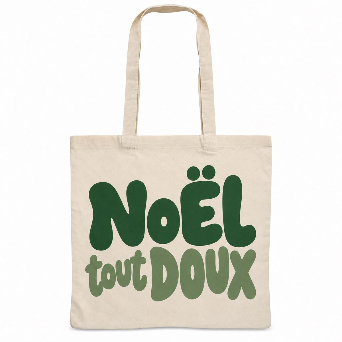 Tote bag de Noël « Noël tout doux » Essentiel, sac plat en coton naturel 140 g/m² de 38 × 42 cm, grand lettrage rétro en vert sapin et vert sauge