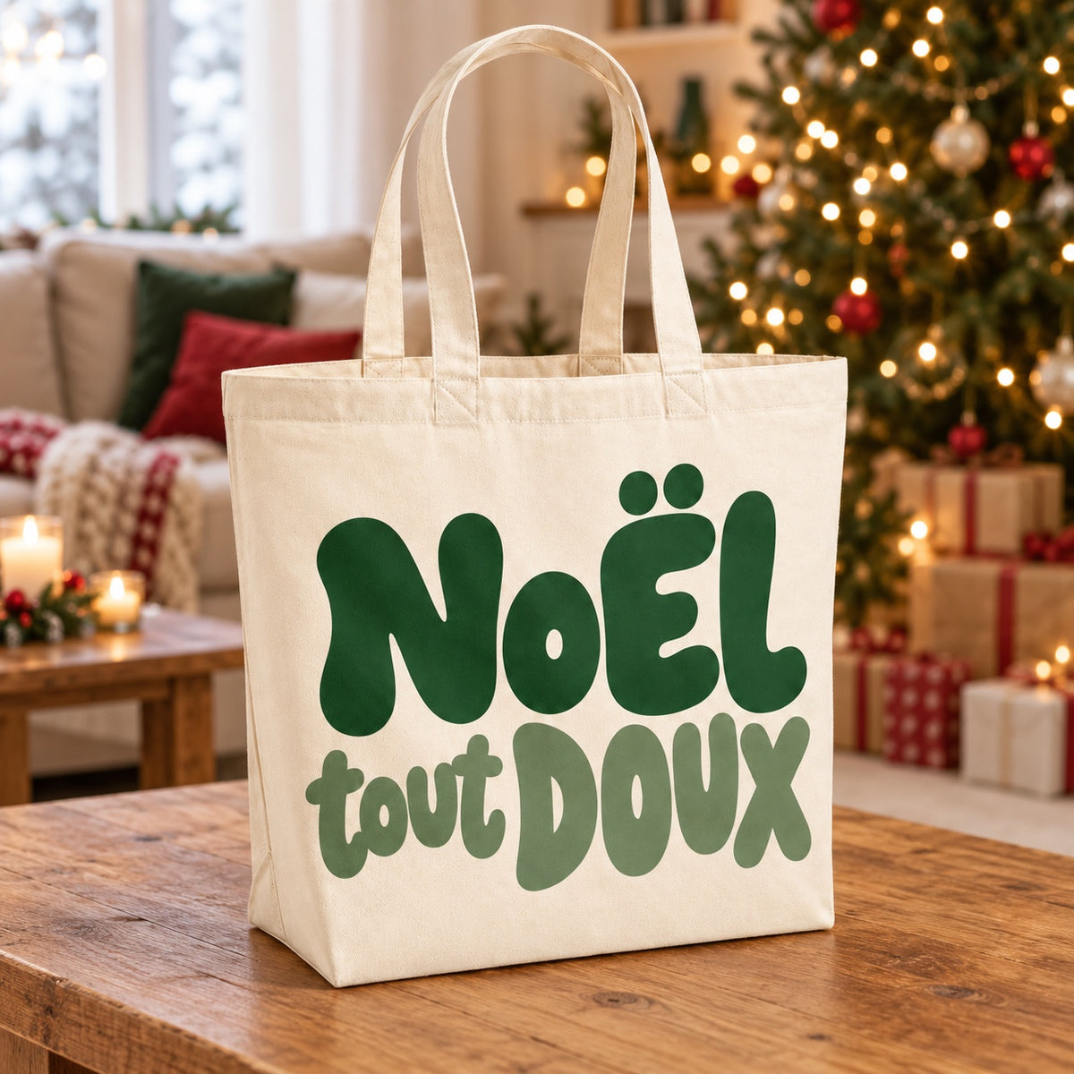 Tote bag de Noël « Noël tout doux » Premium posé sur une table de salon devant le sapin