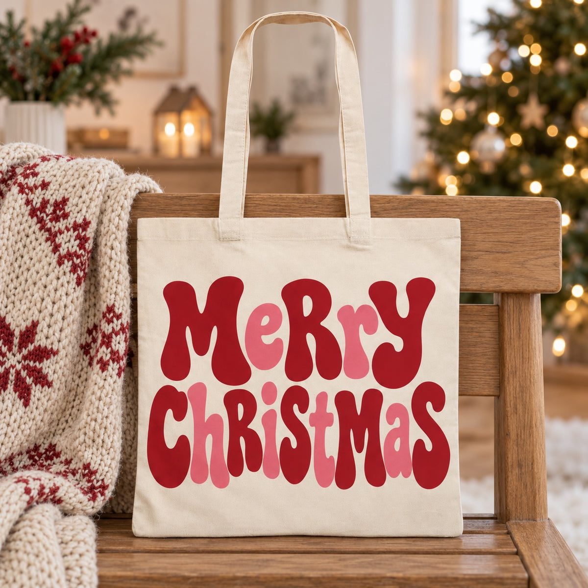 Tote bag de Noël « Merry Christmas » Essentiel appuyé contre un banc près d'un plaid de Noël