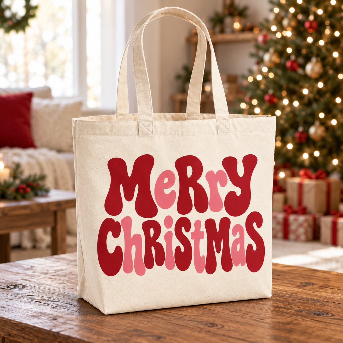 Tote bag de Noël « Merry Christmas » Premium posé sur une table de salon devant le sapin