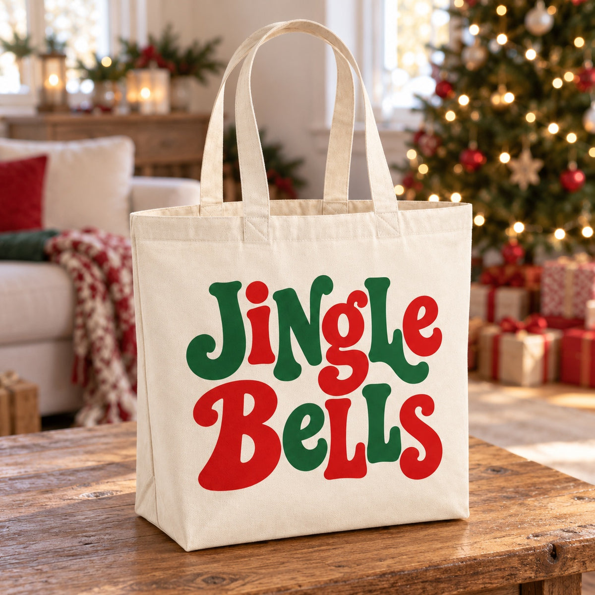 Tote bag de Noël « Jingle Bells » Premium posé sur une table de salon devant le sapin