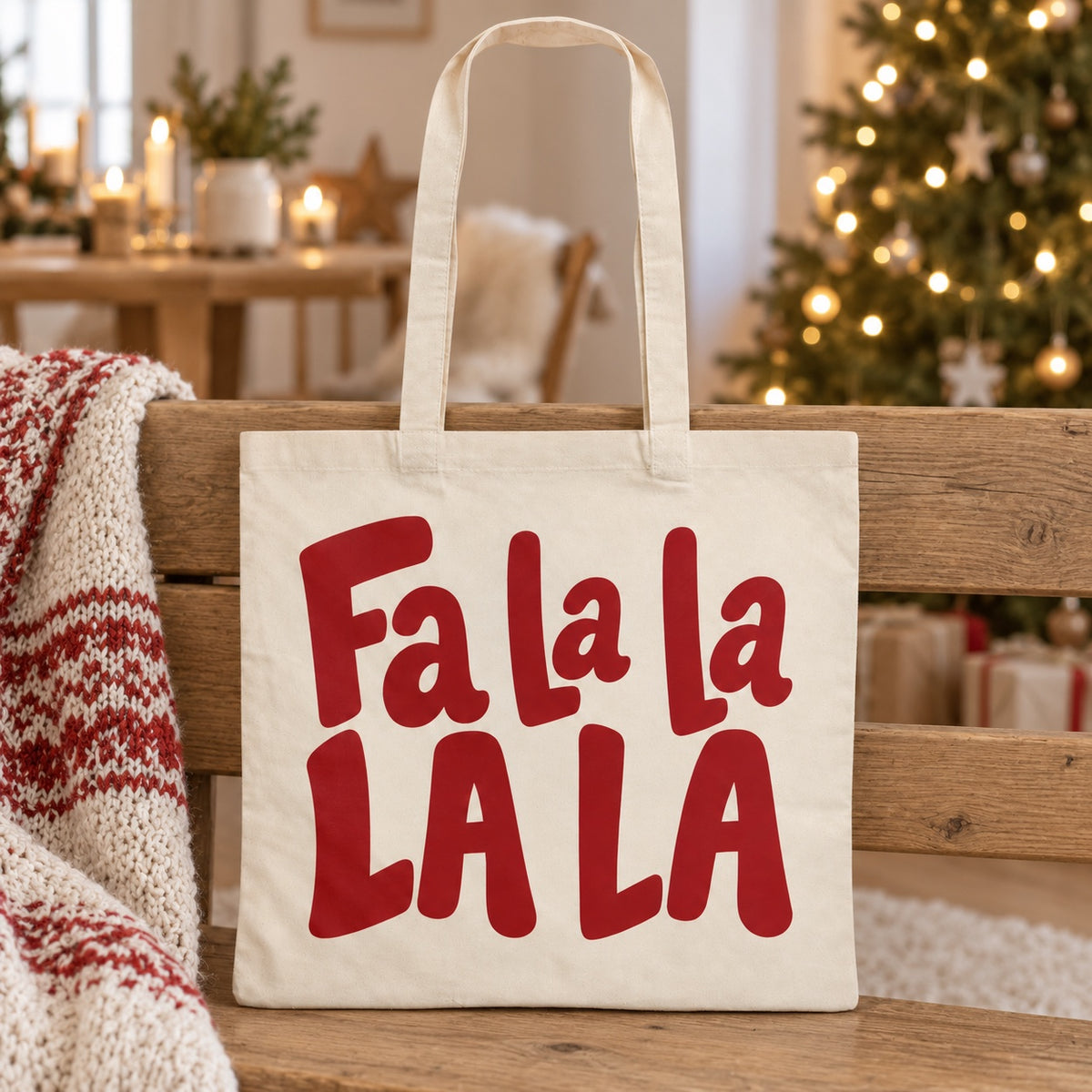 Tote bag de Noël « Fa la la la la » Essentiel appuyé contre un banc près d'un plaid de Noël